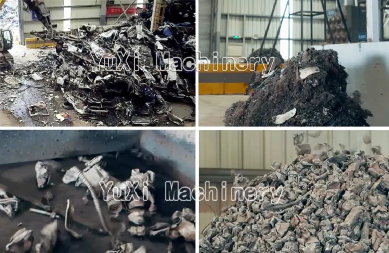 Close-up views of scrap car metal raw material pile, post-shredding material, and sorted metal fragments on a conveyor
