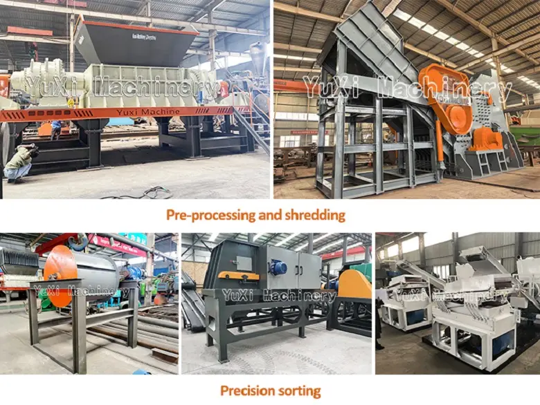 On-site images of scrap metal pre-processing, shredding equipment (two-shaft shear and hammer mill), and precision sorting machines