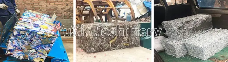 Finished, dense bales of compressed recyclable materials, including aluminum blocks, scrap steel, and waste iron.