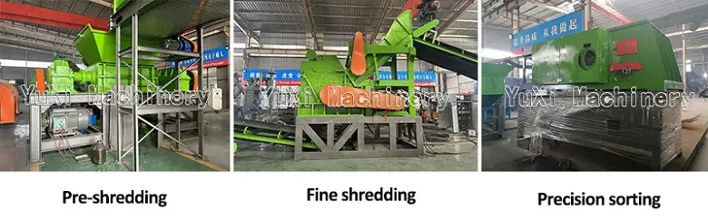 Core process stages of the system: Pre-shredding, Fine shredding, and Precision sorting machinery.