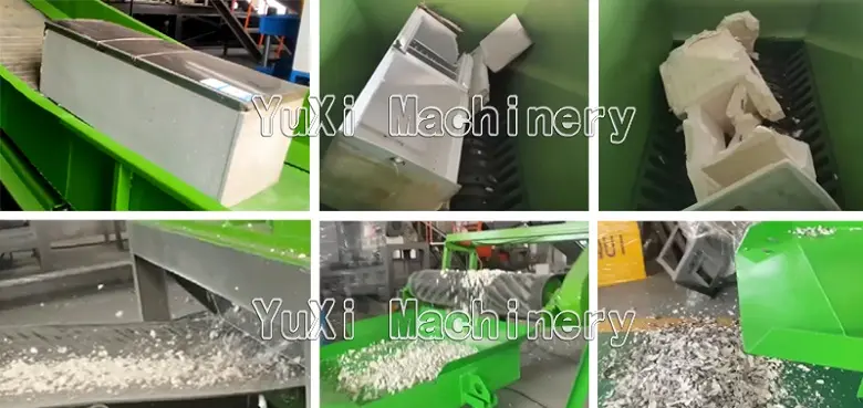 Waste fridge being fed into the shredding and separating system's conveyor belt for recycling.