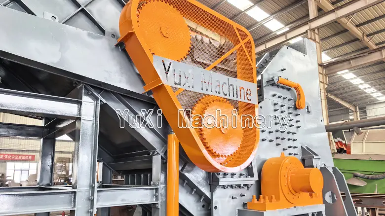 Side view of the Hammer Mill Metal Shredder, showing the sturdy main frame, drive motor, and transmission cover