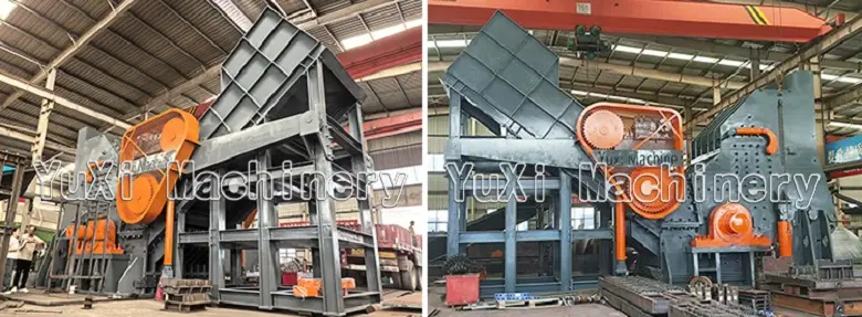  Close up of Hammer Mill Shredder's powerful orange gear and belt drive system.