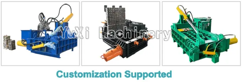Variety of hydraulic scrap metal baler machine models in different colors, highlighting supported customization options.