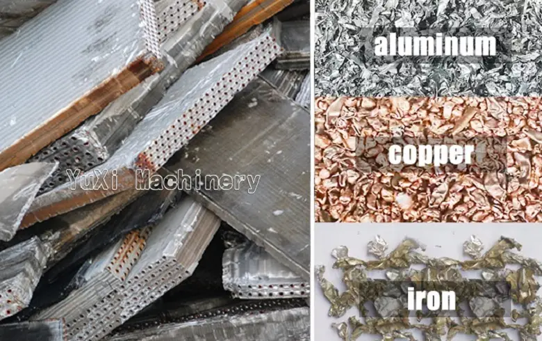 Unprocessed scrap radiators next to the purified output metals: high-purity Aluminum, Copper, and Iron fragments.