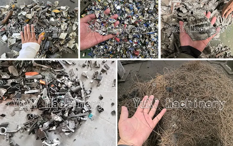 Samples of shredded output materials, including mixed metal scrap, wires, and electronic waste.