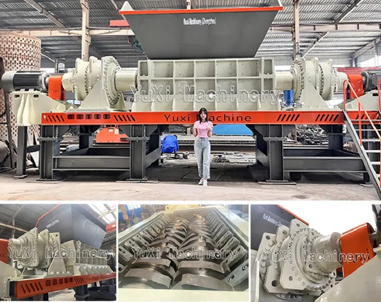 Twin shaft shredder machine with inserts showing internal rotor and high-strength cutting blades.