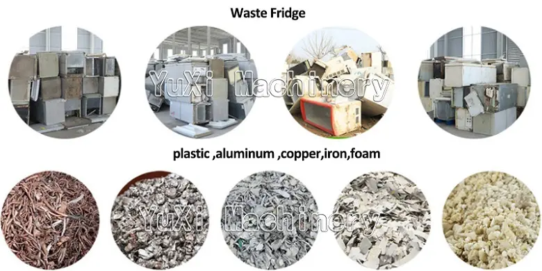 Waste fridges before and after processing: separated output materials include plastic, aluminum, copper, iron, and foam.